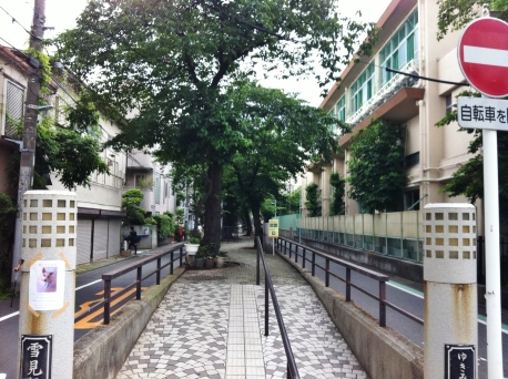 Raised walking path of the former Tachiaigawa river, now a green road in Meguro-ku, Tokyo.